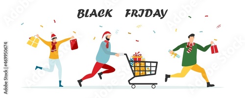 Black Friday sale event. Flat characters of people with shopping bags. Big discount, advertising concept, advertising poster, banner. Vector.