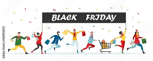 Black Friday sale event. Flat characters of people with shopping bags. Big discount, advertising concept, advertising poster, banner. Vector.