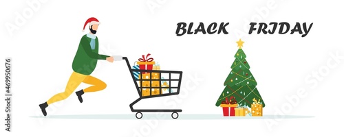 Black Friday sale event. Flat characters of people with shopping bags. Big discount, advertising concept, advertising poster, banner. Vector.
