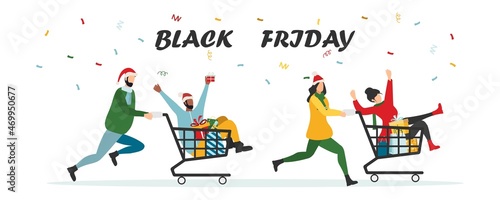 Black Friday sale event. Flat characters of people with shopping bags. Big discount, advertising concept, advertising poster, banner. Vector.