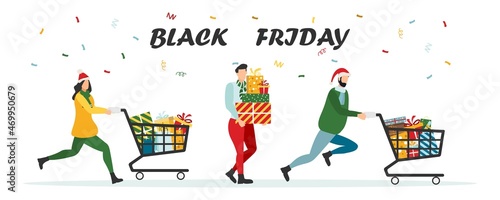 Black Friday sale event. Flat characters of people with shopping bags. Big discount, advertising concept, advertising poster, banner. Vector.