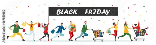 Black Friday sale event. Flat characters of people with shopping bags. Big discount, advertising concept, advertising poster, banner. Vector.