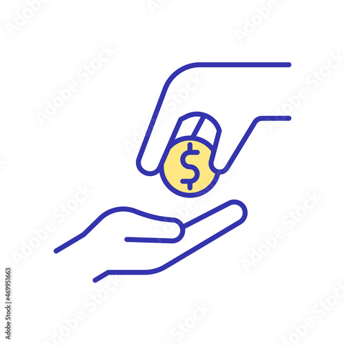 Donation RGB color icon. Help people in need. Supporting social organizations. Investment and sponsorship. Financial assistance. Isolated vector illustration. Simple filled line drawing