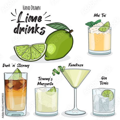 Lime Drinks Set Gin Tonic Dark n Stormy Kamikaze Mai Tai and Tommys Margarita