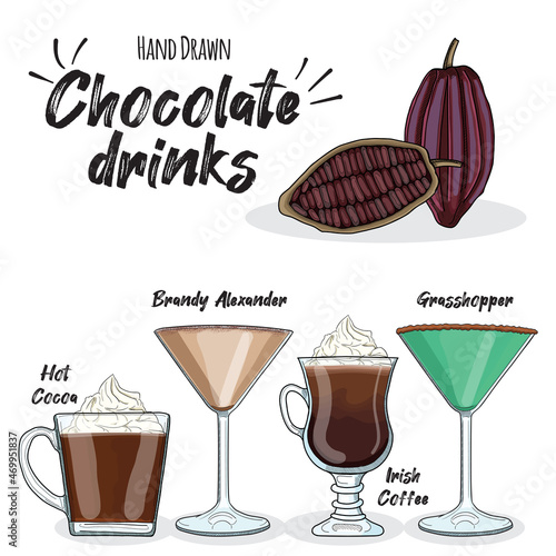 Chocolate Drinks Set Hot Cocoa Brandy Alexander Irish Coffee Chocolate and Grasshopper