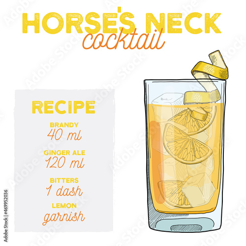 Horses Neck Cocktail Illustration Recipe Drink with Ingredients