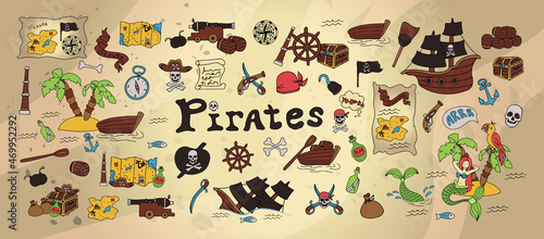 Vector doodle pirate set. A map with a hand-drawn sketch of a mermaid ship and pirate items. Template for children s postcards. Map of treasure island.