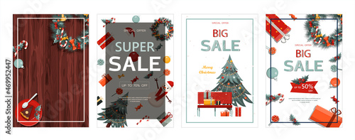 Set of flat vector banners Big Christmas sale. Cartoon Christmas template with festive decorations and food. New Year s card with a Christmas wreath, toys and garlands. Background for postcards and