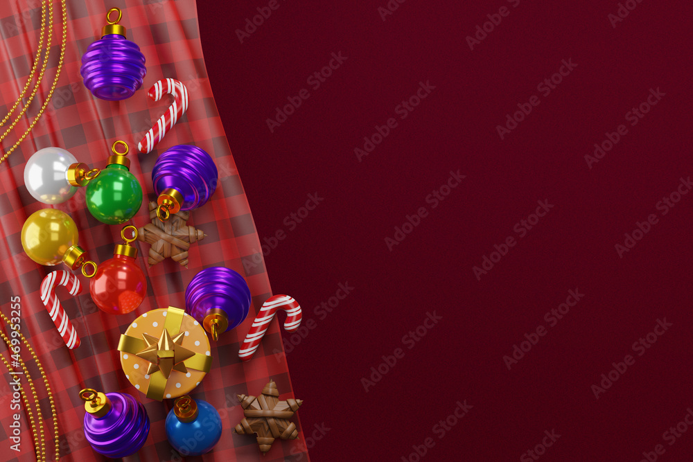 Christmas background with decorations and lights. 3d Illustration