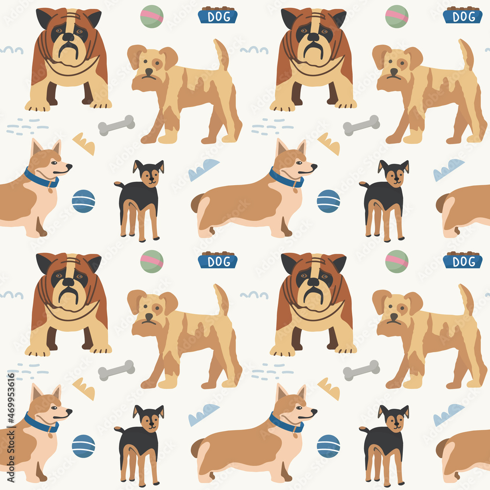 Seamless pattern with cute pet dogs. Vector pattern for textile products, baby room design, wrapping paper and other