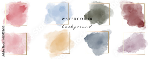 Vector watercolour backgrounds set on white background. Watercolor paint and gold square frame. 