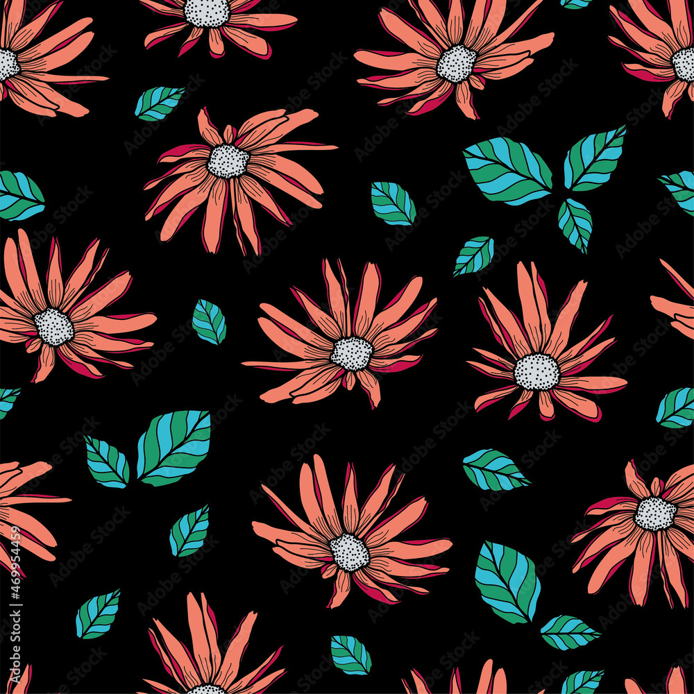 Vector textured painted flower seamless pattern background with hand drawn elements