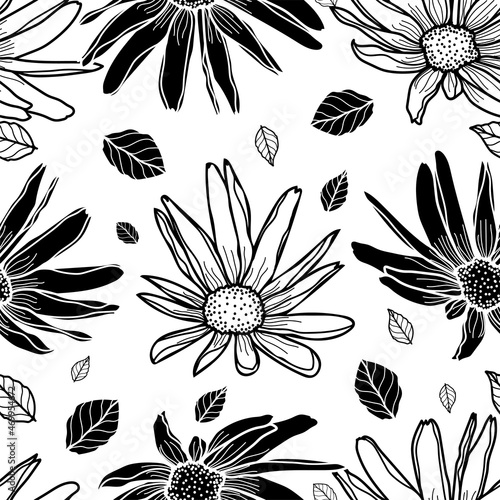Black and white floral surface pattern design. Great for retro summer fabric