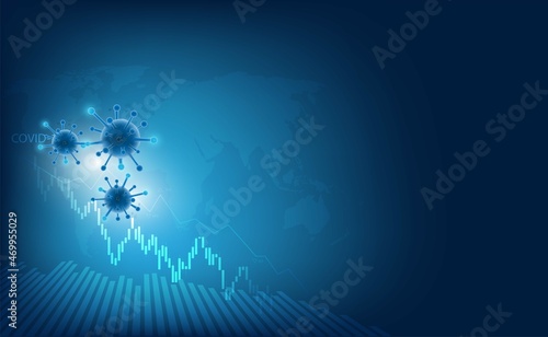 The covid 19 or  corona virus impacts Crisis and loss the global economy and financial business.the coronavirus weakens the economy.bar graph decline pattern on blue background