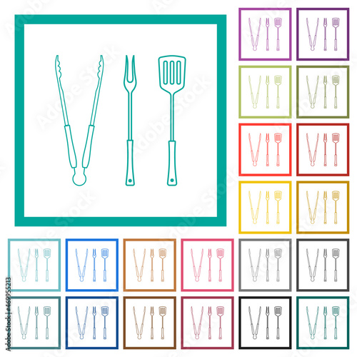 Barbecue tongs and fork and spatula flat color icons with quadrant frames