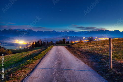 Beautiful landscape of theroad to the Tatra Mountains at night. Poland