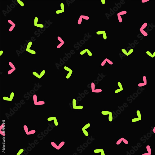 Stylish seamless pattern with scattered bright hearts on dark background. Simple vector illustration.