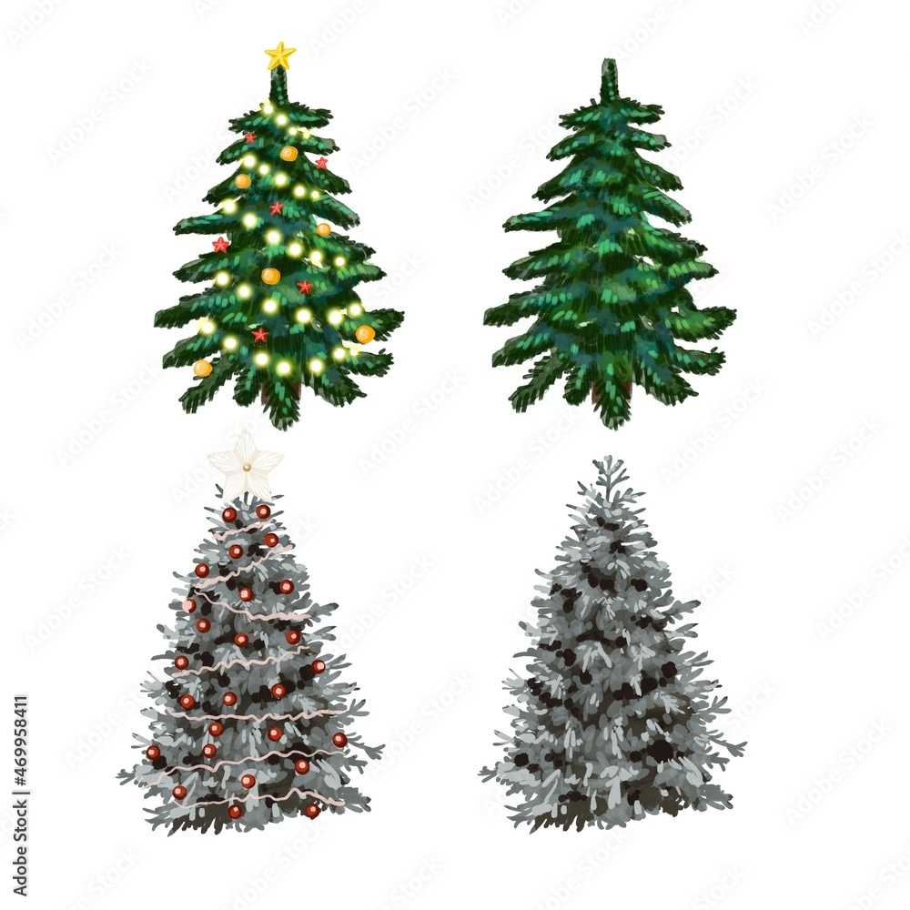 Watercolor set of Christmas trees. Christmas trees. green Christmas tree decorated and blue Christmas tree