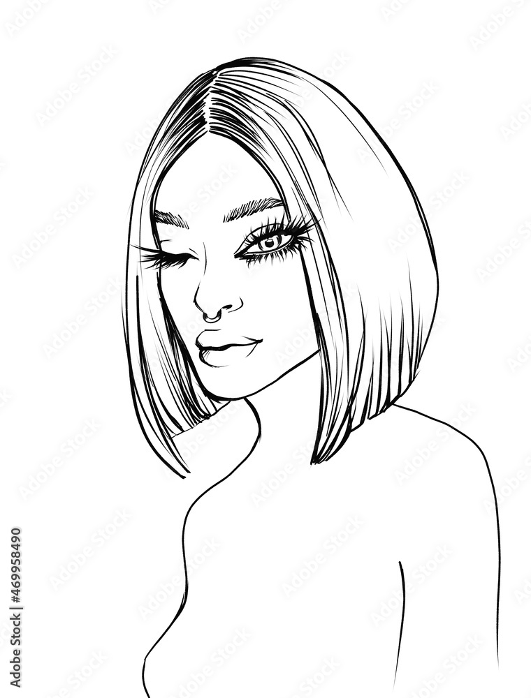 Portrait of a beautiful girl with fashion make up.Hand drawn illustration .Young woman image on white background. Portrait of a beautiful girl with fashion make up.Hand drawn illustration .Young woman image on white background.