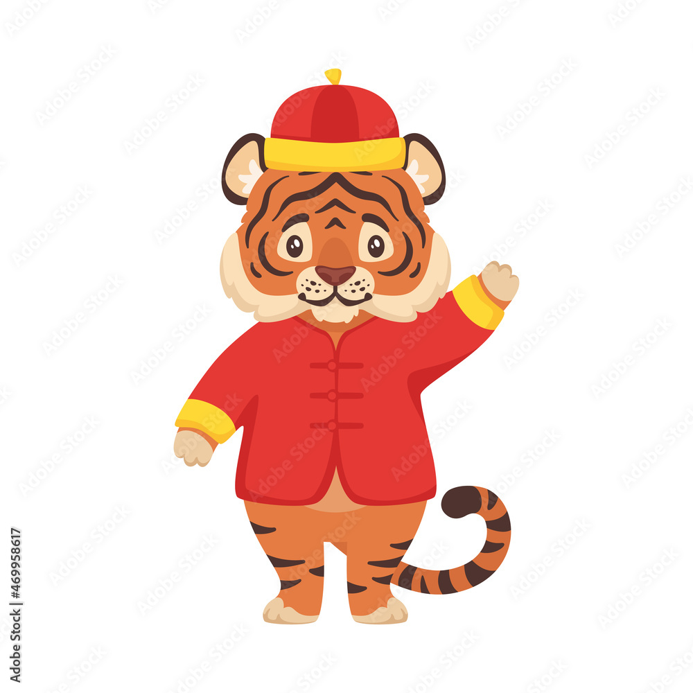 Obraz premium adorable cute tiger in traditional China clothes.