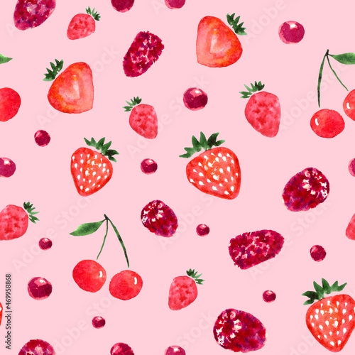 Fototapeta Naklejka Na Ścianę i Meble -  Seamless pattern with watercolor berries on pink background. Hand painted colorful illustration.
