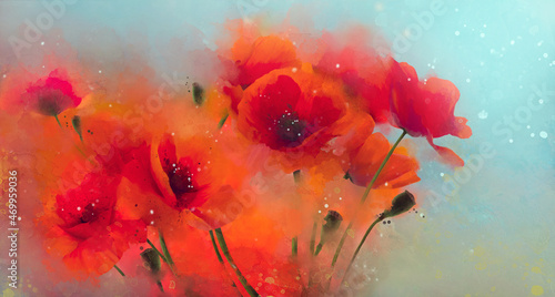 Obraz na płótnie Image of watercolor poppies with decisive and splashes paint on blue background