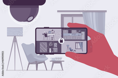 CCTV, smartphone app for video surveillance. Closed circuit television equipment security and home protection. Hand holding phone with four rooms on screen. Vector flat style cartoon illustration