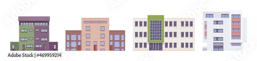 Apartment buildings set, architecture urbanscape. Residential project, contemporary city living, commercial use, multi-storey office building. Vector flat style cartoon illustration, modular sections