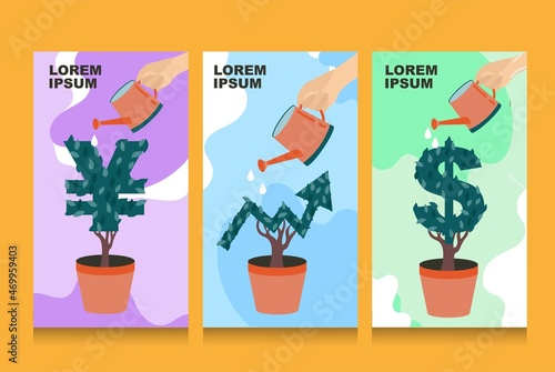 Hand with can watering money tree. Financial growth concept. Set of flat backgrounds for social media, stories, banners, invitation card, poster, header for website, homepage. Vector Dollar and Euro