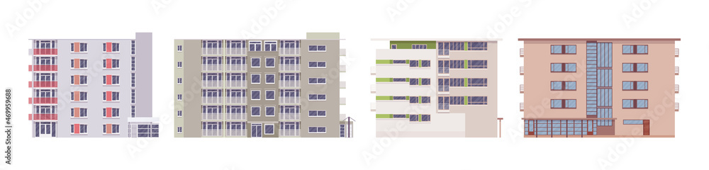 Multi apartment buildings set, colorful housing blocks, urban-cityscape. Residential city high-rise houses with windows and balcony. Vector flat style cartoon illustration, modular store elements