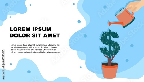 Hand with can watering money tree. Financial growth concept. Set of flat backgrounds for social media, banners, header for website, homepage. Vector flat illustration