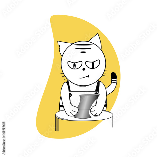 drawn cat sculpts a vase from clay, black and white kitten on a yellow background