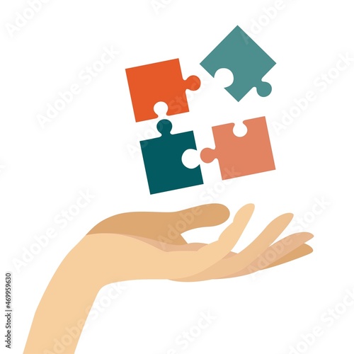 Diverse collective people assembling jigsaw puzzle, colleagues participating in successful teamwork, finding business solution, corporate unity, team building concept, top view