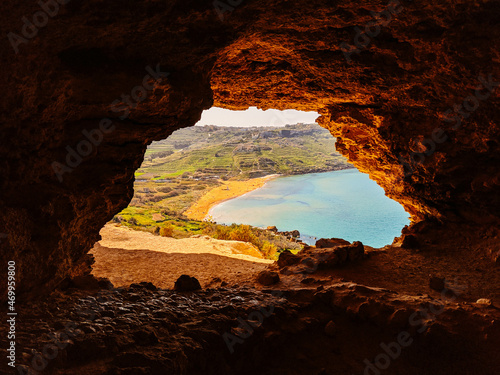 View from Tal-Mixta Cave on Ramla Beach in Gozo in Malta.
