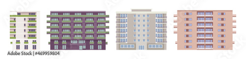 Block of flats contemporary architecture set, standard type, concrete design for city dwellers, large panel houses, multi-storey building complex. Vector flat style cartoon illustration, modular store