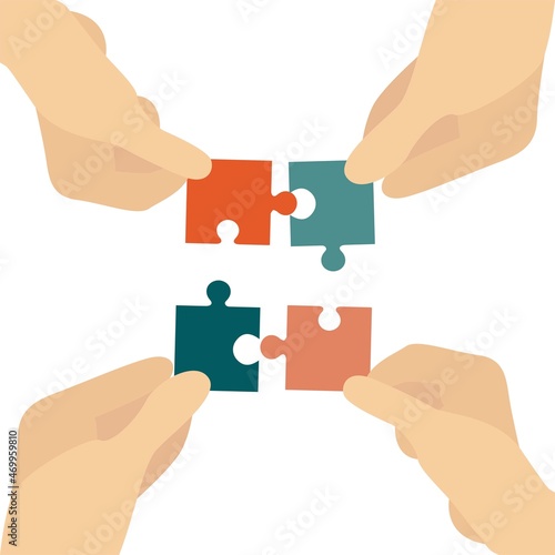 Diverse collective people assembling jigsaw puzzle, colleagues participating in successful teamwork, finding business solution, corporate unity, team building concept, top view