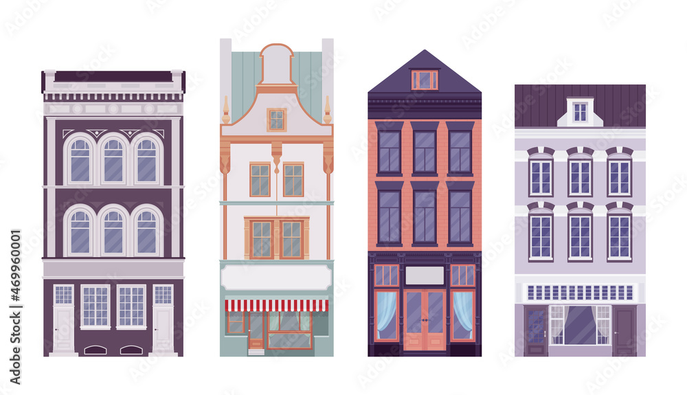Townhouse set, slim, high houses with attic to trade goods. City living accommodations, mansard rooftop, beautiful classical old house architecture, ornament. Vector flat style cartoon illustration