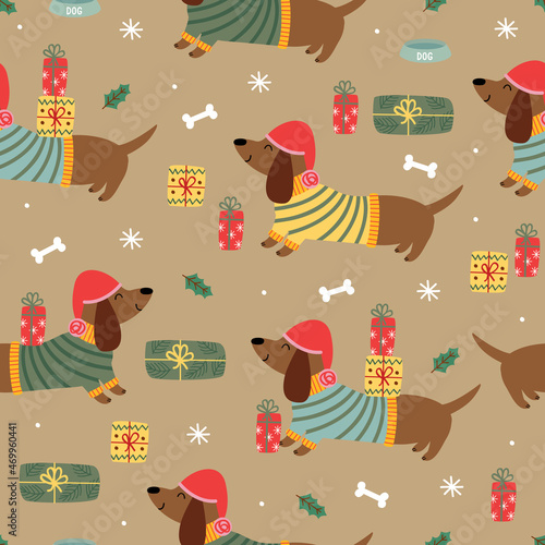 seamless pattern with funny dachshund and gifts