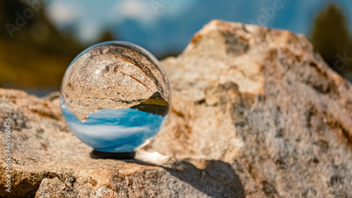 Crystal ball alpine landscape shot with the famous Dachstein mountains in the background at the Reiteralm, Pichl, Schladming, Steiermark, Austria