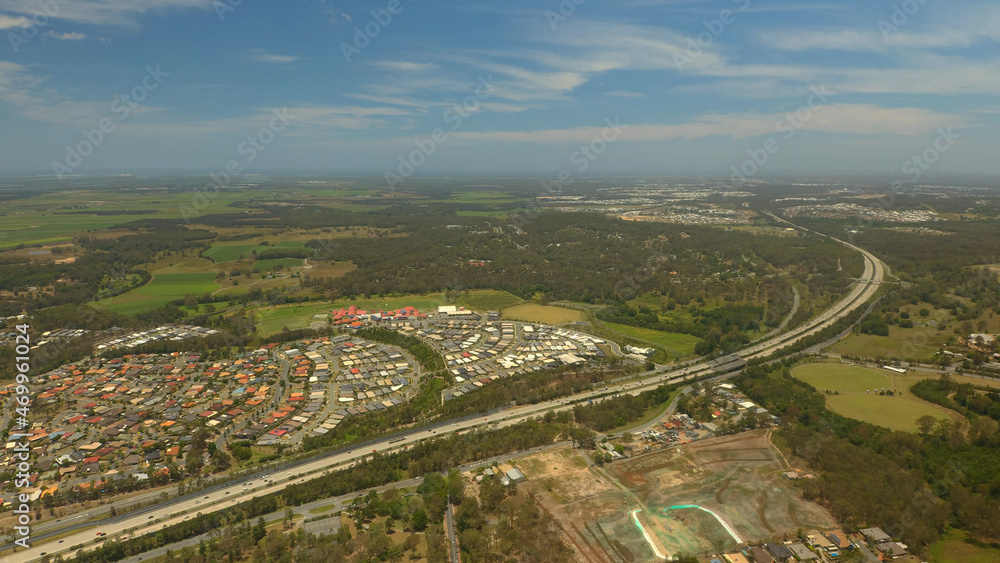 Traffic Aerial Ormeau M1 Motorway Highway towards Gold Coast, Queensland, Australia 
