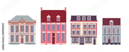 Townhouse set, residential city architecture of victorian homes, old houses. Nice detached houses with classical facade elements, mansard roof, heavy ornament. Vector flat style cartoon illustration