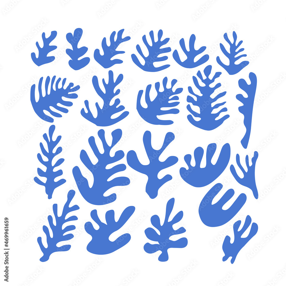 Set of trendy abstract organic cut out Matisse inspired shapes of algae or corals in blue color. Collection of childish doodle cutouts of tropical leaves. Vector illustration on white background. Set of trendy abstract organic cut out Matisse inspired shapes of algae or corals in blue color. Collection of childish doodle cutouts of tropical leaves. Vector illustration on white background.