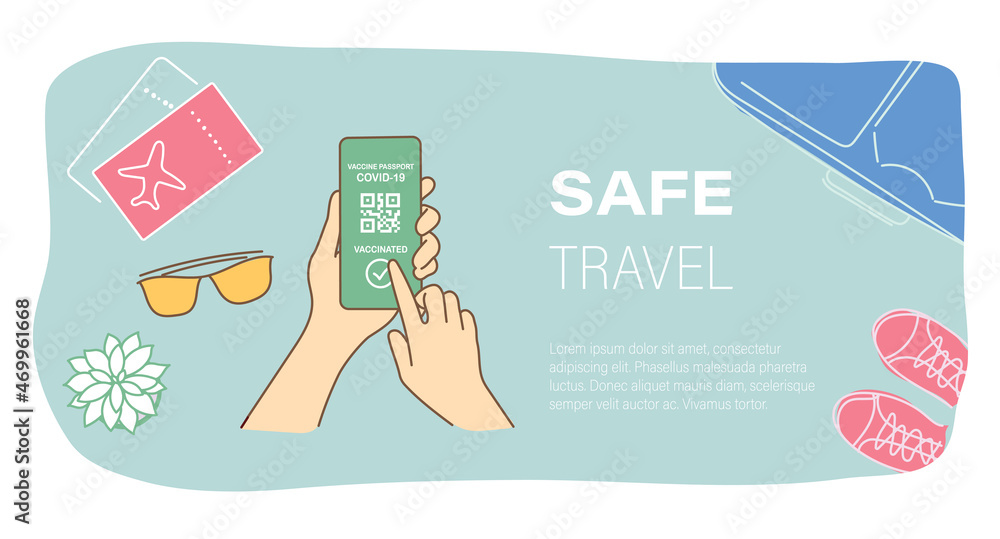 Landing page with safe travel concept. Green pass on smartphone screen with travel staff on background. Vector illustration - obrazy, fototapety, plakaty 