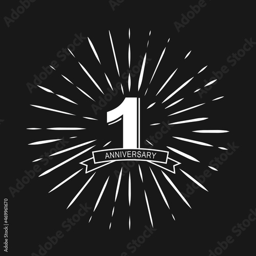 First year anniversary retro vector emblem isolated template. Vintage logo 1th with ribbon and fireworks on dark background