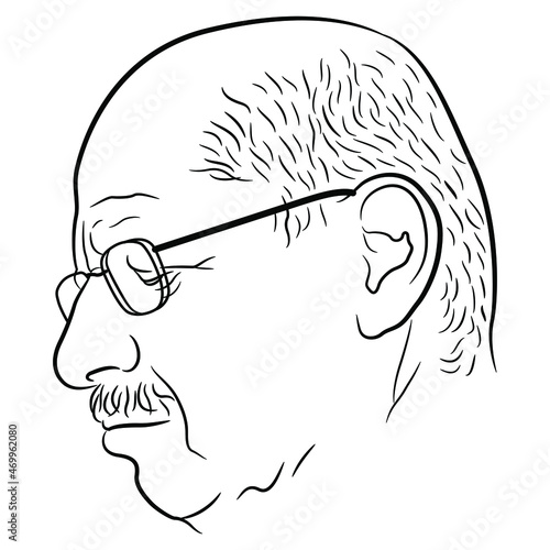 Head of an aged man wearing glasses. Black and white linear silhouette.