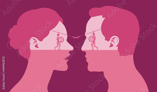 The battle between sexes represented by opposing female and male profiles in which eyes are shields with Venus and Mars symbols
