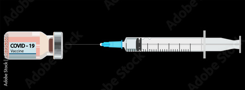 A syringe with a needle and a bottle in a flat style, the concept of vaccination, injections. Isolated vector illustration on a black background.