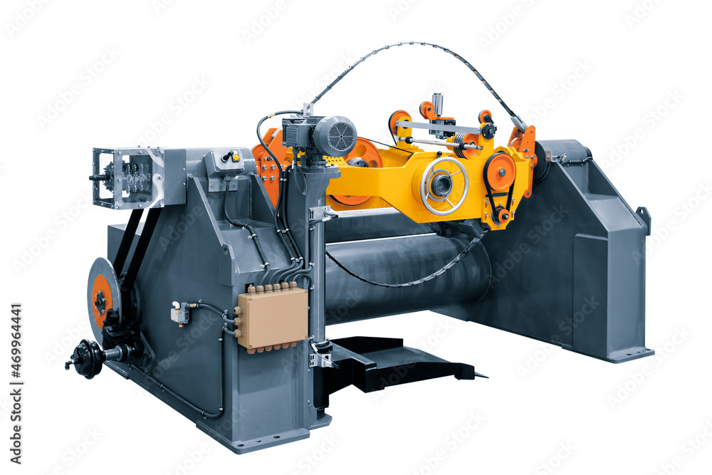 ndustrial machine for braiding shielding metal foil on a wire, cable extrusion industrial machine isolated on white background ndustrial machine for braiding shielding metal foil on a wire, cable extrusion industrial machine isolated on white background