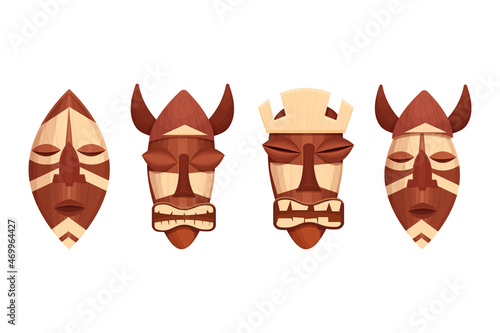 Set african tribal wooden mask, totem face, avatar in cartoon style isolated on white background. Detailed objects.