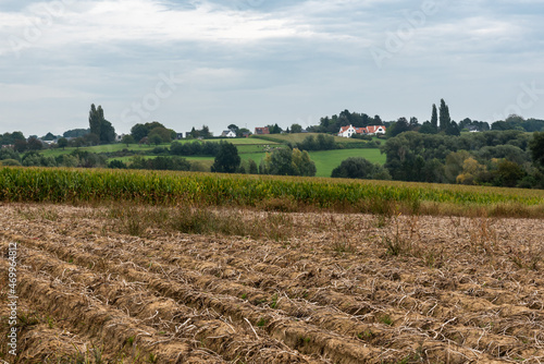 Harvested farmland with cornfields an potato fields